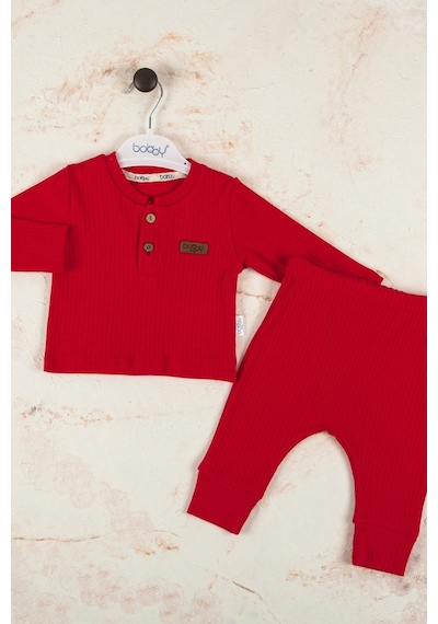 Babydonat Çizgili Kumaş Pamuk Unisex Takım 2'li Kırmızı