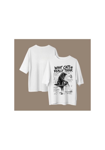 Qmen Style Unisex Beyaz Oversize Baskılı T-shirt Uzman Kedi Dolar %100 Pamuk