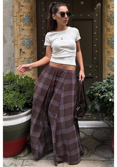 Madmext Kahverengi Ekose Desenli Vintage Şifon Maxi Etek Mg2776