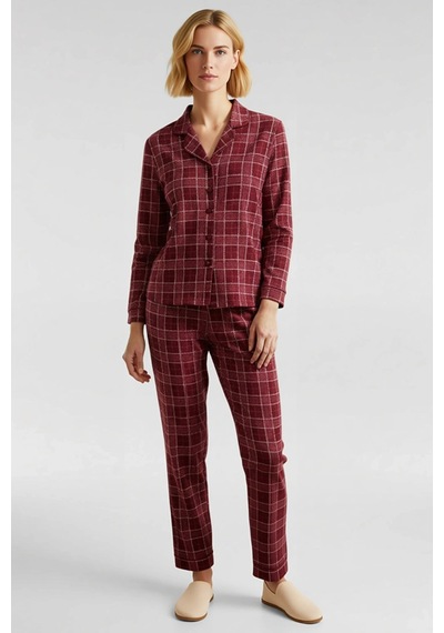Benerly Kadın Ekose Gömlek Yaka Standart Kol Regular Kalıp Pijama Takımı bordo
