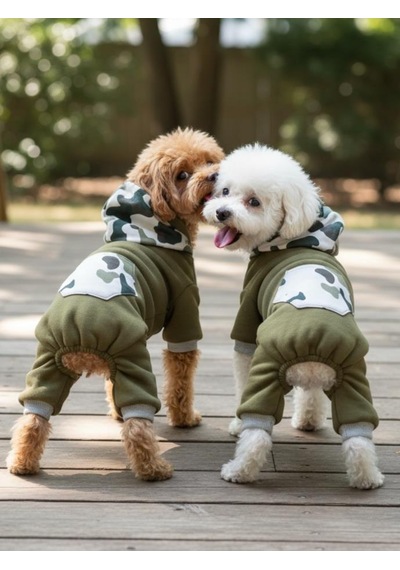 Kamuflaj Desenli Köpek Tulumu Kapüşonlu Pamuklu Polar Kumaş Haki Yeşil Küçük Irklar İçin