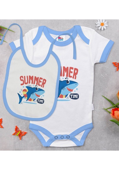 Bk Kids Summer Time Tasarımlı Mavi Bebek Body Zıbın Ve Mama Önlüğ Çok Renkli