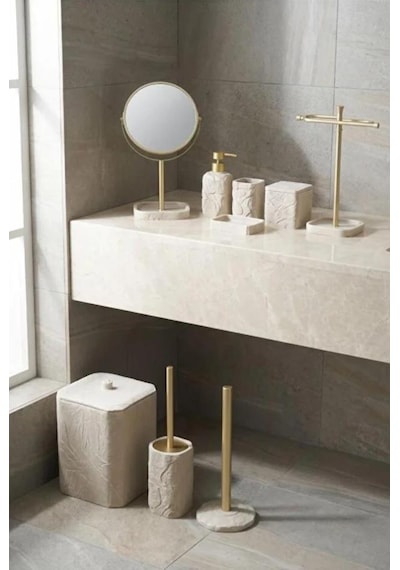 Acar Jhn-09783 Bej Taş Görünümlü Laduree 9'lu Köşeli Banyo Seti