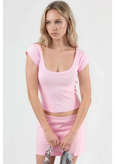Hiccup Busem Slim Fit Ribana U Yaka Bluz Toz Pembe