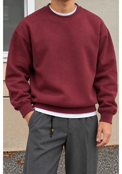 Tarz Cool Erkek 3 İplik Şardonlu Regular Fit Bisiklet Yaka Basic Sweatshirt Bordo