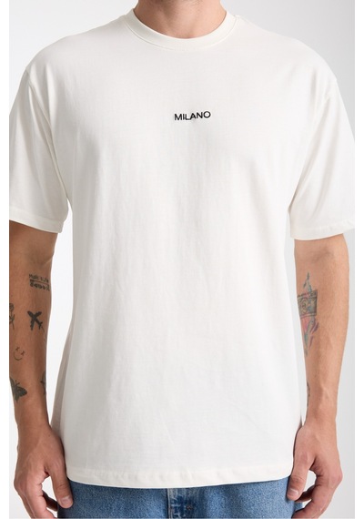 Erkek Milano Nakış Yazılı Oversize Bisiklet Yaka T-shirt Beyaz