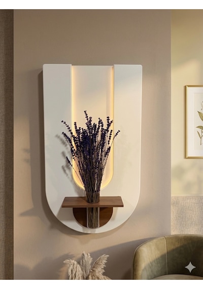 Begonvil Ahşap Pilli Ledli İskandinav Salon Duvar Rafı Şık Modern Çiçeklik 40 X 75 Cm Paris Grisi - Ahşap Ceviz