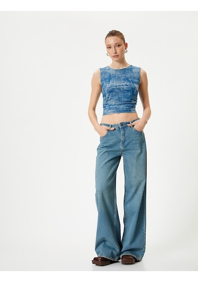Koton Denim Görünümlü Üst Crop Büzgülü Bisiklet Yaka Mavi Desenli 4sak10354ek Mavi