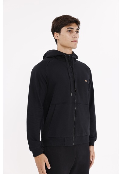 Rowinger Raglan Kol Tam Fermuarlı Kordonlu Kapüşon Kanguru Cepli Süper Koton Rahat Kalıp Kapüşonlu Sweatshirt Black