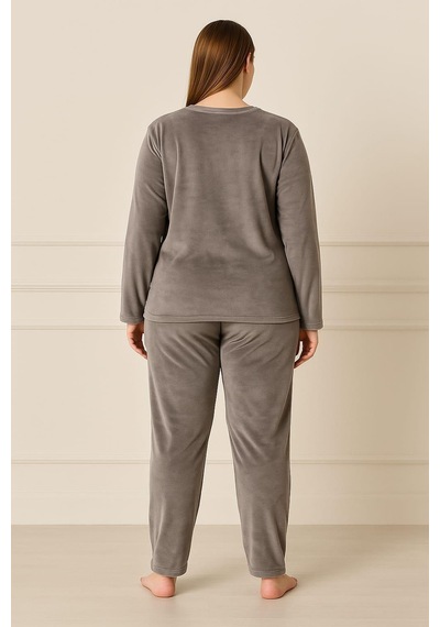 Pemilo Kadın 13213-2653 Büyük Beden Kadife Pijama Takımı Gri Gri