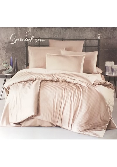 Ecosse Çizgili Saten King Size Nevresim Takımı - Bej