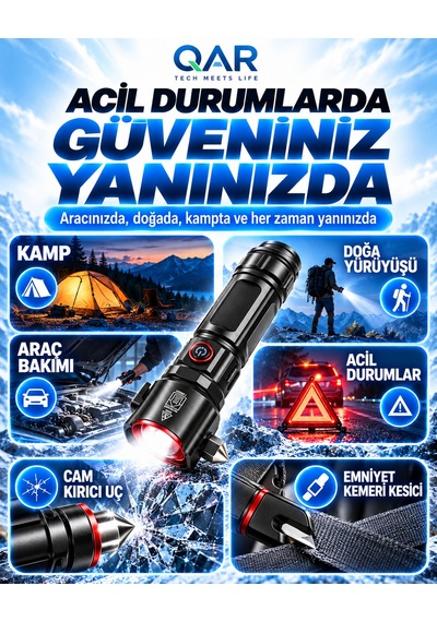 Şarjlı Metal El Feneri Zoomlu Çakar Modlu 26650 Li-ion Bataryalı Kamp Ve Outdoor Feneri Siyah