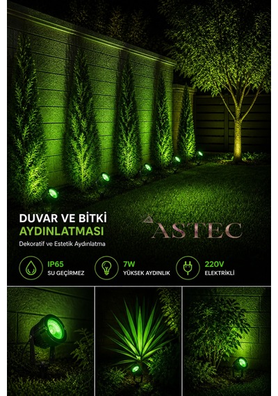Astec 7w Yeşil Bahçe Aydınlatma Spotu Ip65 Su Geçirmez 220v Elektrikli Dış Mekan Çim Kazık