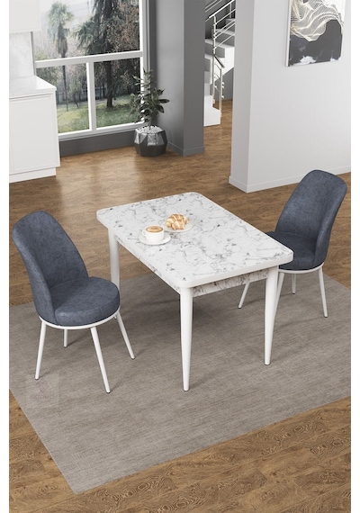 Canisa Concept Nil Serisi 70x110 Sabit Mutfak Masası Takımı Beyaz Mermer Desen Masa 2 Füme Sandalye Masa Beyaz/sandalyeler Füme