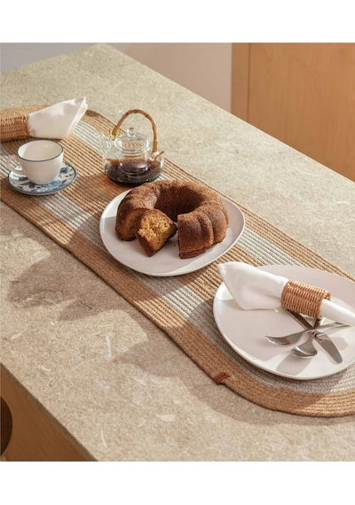 Cesta Amerikan Servis El Yapımı Pamuklu Natural Gri Jüt Örme Dekoratif Runner 37x136cm 9027 Natural Gri