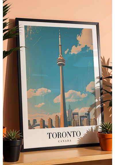 Toronto Canada Vintage Seyahat Posteri Çerçeveli Tablo - Premium Cn Tower Elit Duvar Dekoru Siyah