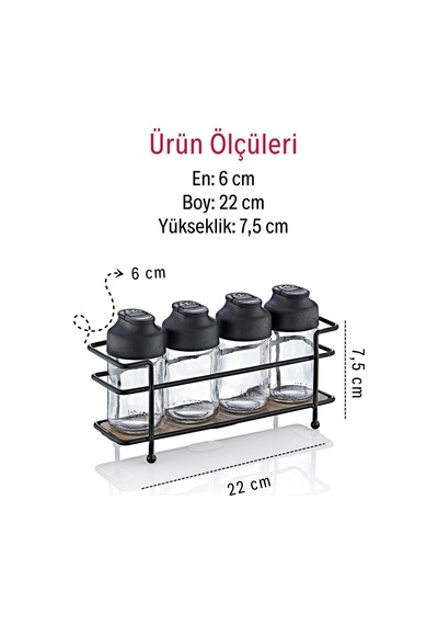 Grimorlife Ahşap Tabanlı Metal Standlı 4 Lü Cam Baharatlık Seti Çift Kapaklı Tuzluk & Biberlik Diğer