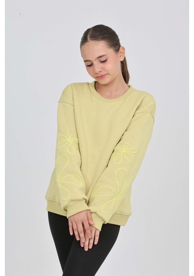 Toontoy Kız Çocuk Relax Fit Bisiklet Yaka Düşük Omuz Sweatshirt Açık Yeşil
