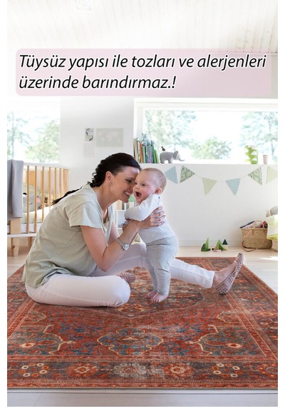 Foldy Eskitme Desenli Dokuma Taban Dekoratif Kırmızı Halı Fl 21 Kırmızı 6