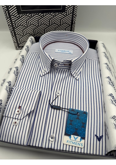 Slim Fit Uzun Kol Premium Çizgili Yaka Düğmeli Hediye Kutulu Erkek Gömlek Fs-004440 - Saks Mavi-3176