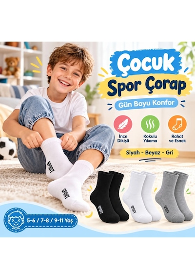 Bezos Çocuk Spor Çorap 3'lü Set Siyah Beyaz Gri İnce Dikişli Kokulu Yıkama Yumuşak Esnek Günlük Çorap Seti Agc Çok Renkli
