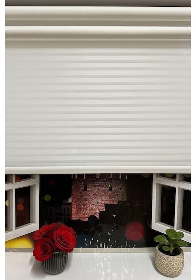 Ahşap Jaluzi Görünümlü Tül Ve Stor Perde Çift Mekanizmalı Perde Beyaz - 793834632 Beyaz