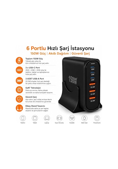 150w Gan Hızlı Şarj İstasyonu, 6 Portlu Masaüstü Şarj Aleti, 3 Usb-c Type-c Ve 3 Usb-a Girişli Çoklu Adaptör, Telefon Tablet Laptop İçin Akıllı Güç Dağıtımlı Şarj Cihazı