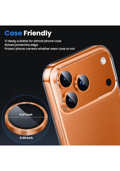 Apple Uyumlu   iPhone 17 Pro Max / 17 Pro Kozmik Turuncu Metal Çerçeveli Cam Kamera Lens Koruyucu Metal Aparatlı