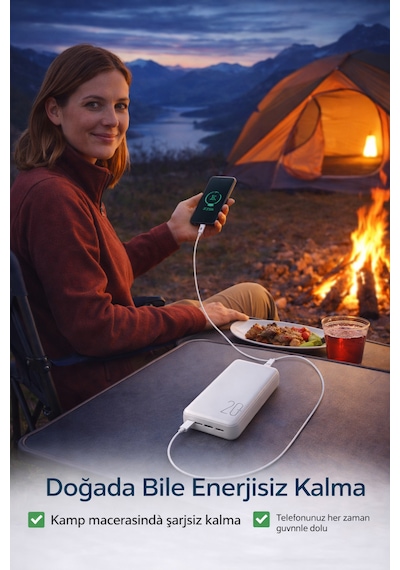 20.000 Mah Powerbank Hızlı Şarj Led Göstergeli Çift Usb Type-c Girişli Taşınabilir Şarj Cihazı Beyaz