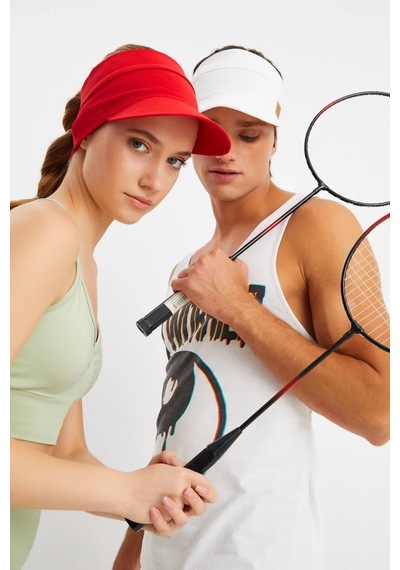 Uv Korumalı Katlanır Üstü Açık Yumuşak Siperli %100 Pamuklu Penye Tenis Vizör Şapka 2'li Set - Tek Ebat / Beyaz - Kırmızı Beyaz - Kırmızı
