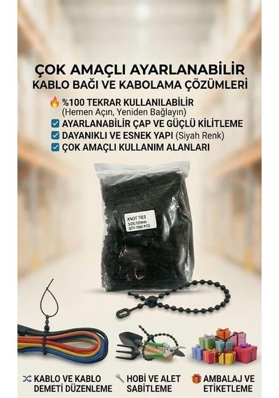 Siyah Kablo Bağı Klips Plastik Cırt Cırt Kelepçe 120 Mm 12 Cm Tekrar Kullanılabilir 250 Adet