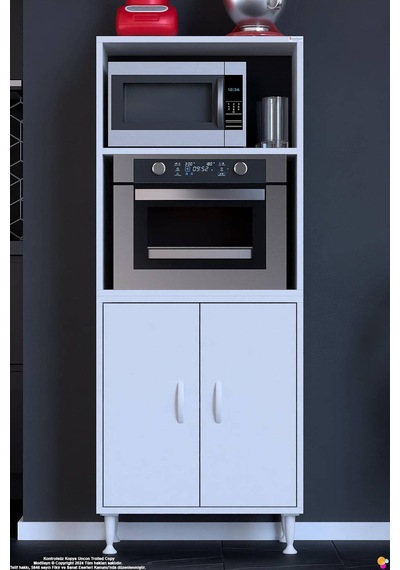 Duru 65 Cm Çift Kapaklı Mutfak Kiler Dolabı Raflı Mikrodalga Fırın Standı Banyo Dolabı 65x150x32 Cm Beyaz