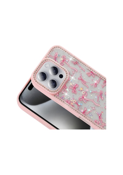 Apple Uyumlu iPhone 16 Pro Kılıf Taşlı Ve Simli Tasarım Mkst Azra Kapak - Pembe Pembe