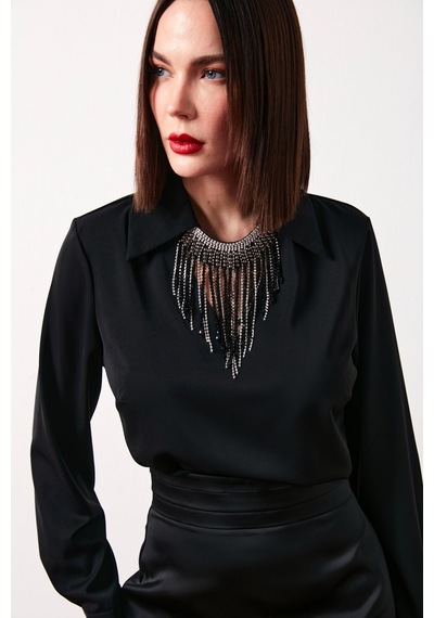 Sateen Kolyeli Salaş Bluz - Siyah-134625
