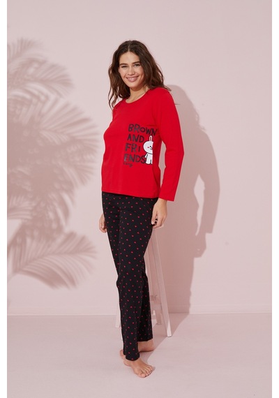 Siyah İnci Pamuklu Örme Pijama Takım 24241083 Kırmızı