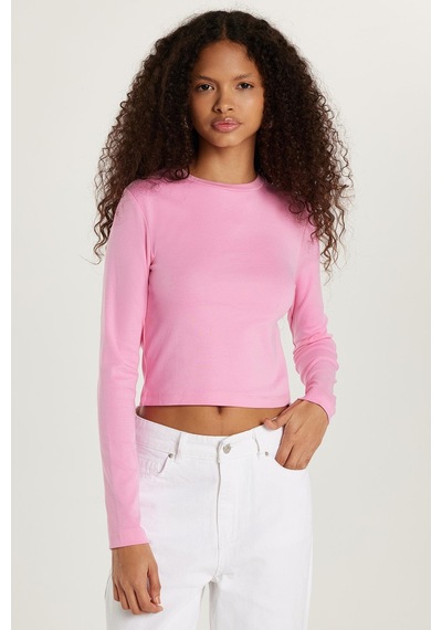 Tudors Kadın Slim Fit Dar Kesim Bisiklet Yaka Pembe Bluz-33370 Pembe