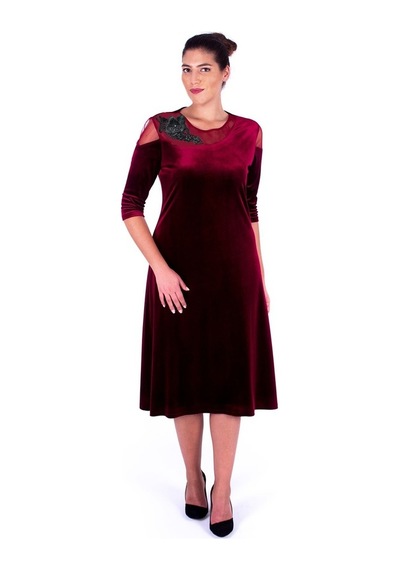 Nidya Moda Büyük Beden Kadın Bordo Kadife Abiye Elbise-4123B Bordo