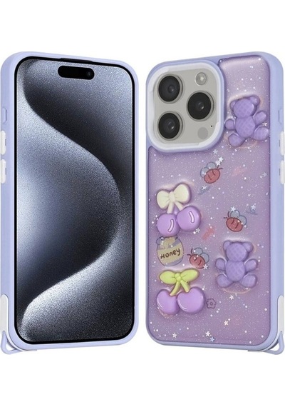 Apple Uyumlu iPhone 15 Pro Kılıf Parlayan Simli Kabartma Figürlü Zore Cevze Kapak Mor Ayı