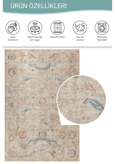Relic Bej / Mavi Vintage Dokulu Klasik Desenli Dokuma Tabanlı Şönil Halı Al 476 Bej - Mavi