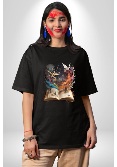 Hikaye Roman Kitabı Gerçekleşti Pamuklu Bisiklet Yaka Unisex Oversize Boyfriend Dijital Baskılı Siyah T-shirt Siyah