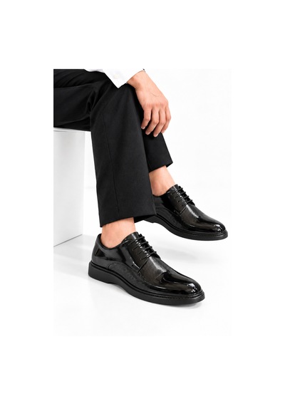 Yalçın Shoes Erkek Siyah Parlak Suni Deri Bağcıklı Klasik Ayakkabı Dokulu Ön Yüzey, Kalın Taban Damatlık Ayakkabı Siyah - 933653717 Siyah