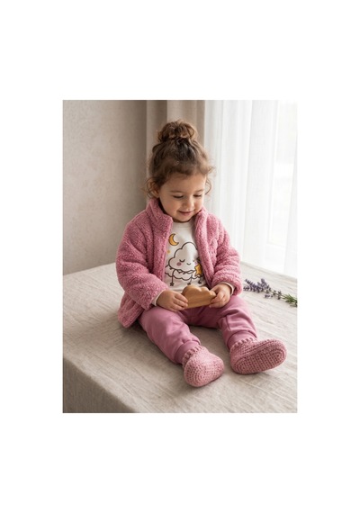 Deniva Kids Kız Bebek Pembe Peluş Hırkalı Bulut Baskılı 3'lü Takım Hırka, Sweatshirt, Eşofman Altı