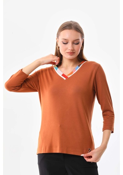 Sistas Kadın V Yaka Truvakar Kol Bluz 23588 Camel