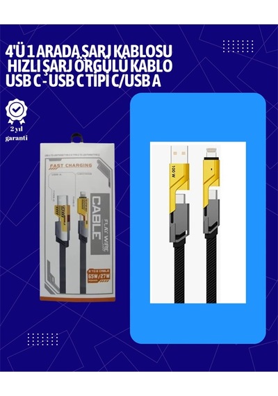 Mey İthalat Usb-c Ve Lightning Uyumlu 4'ü 1 Arada Kablo - 65w Hızlı Şarj, Örgülü Dayanıklı Yapı Renkli