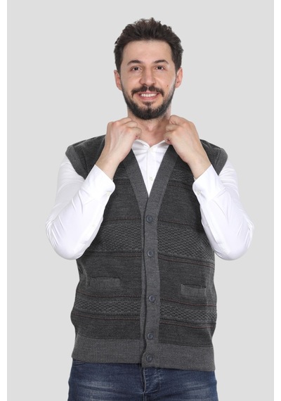 Kzc Tekstil Erkek Baba Orta Yaş Ve Üzeri Triko Örgü Akrilik Kışlık Kalın Dokulu Düğmeli Cepli Baba Yelek Gri