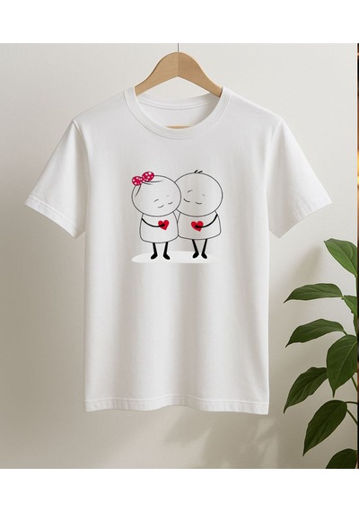 Aselinda Sevgililer Günü Hediye Şirin Baskılı T-shirt - Bisiklet Yaka Kısa Kol Tişört Beyaz