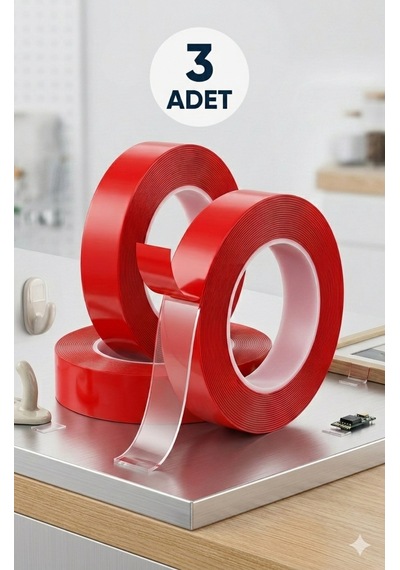 3 Adet Güçlü Şeffaf Çift Taraflı Bant - Silikon Akrilik Montaj Bandı 3'lü Paket