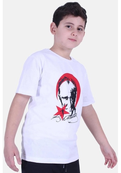 Markahit Atatürk Baskılı İmzalı Beyaz Kırmızı Unisex Çocuk T-shırt-beyaz Kırmızı Beyaz - Kırmızı