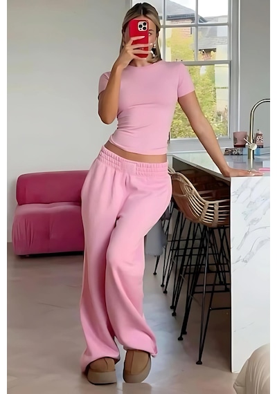Pembe Bisiklet Yaka Basic Kadın Tişört Mg1725 Pembe