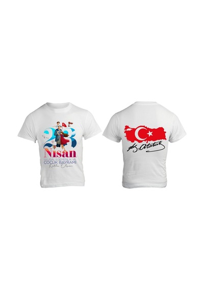 Alpşan Ticaret 23 Nisan Baskılı Unisex Çocuk/yetişkin Tişört Çift Taraflı Baskı Çocuk Bayramı T-shirt 37 Beyaz